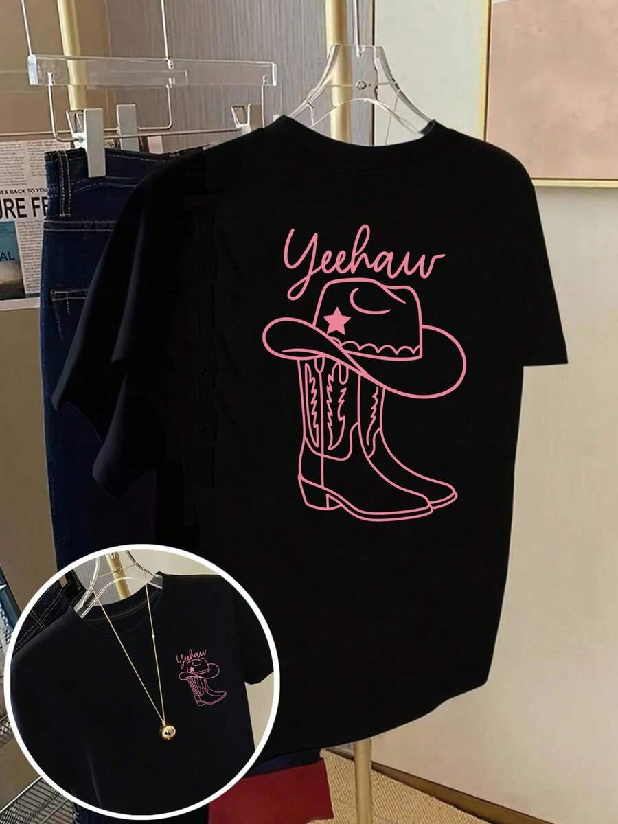 Camiseta de manga corta con paneles frontales y traseros - Estampado de moda estilo vaquero del oeste, "Yeehaw" - Camiseta de mujer con estampado de moda para primavera/verano, artículo de moda. - Negro - Ver 1