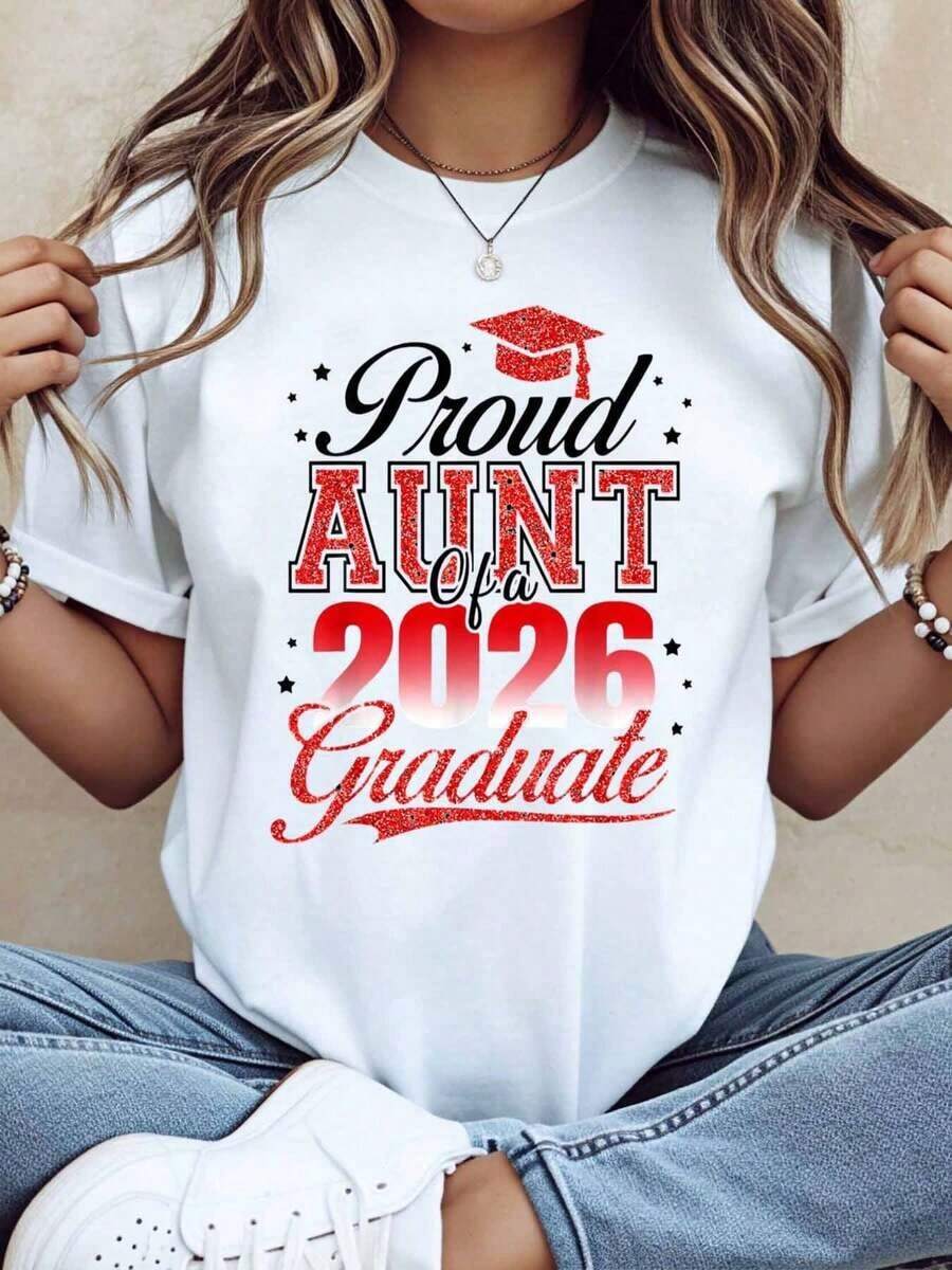 Camiseta "Tía Orgullosa de un Graduado de 2026", Regalo de Celebración de Graduación para Familiares, Camiseta de Algodón Cómoda de 220g - Blanco - Ver 1