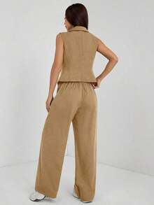 de 2 piezas de ropa de otoño, top sin mangas y pantalones de unicolor para mujer - Marrón - Ver 2
