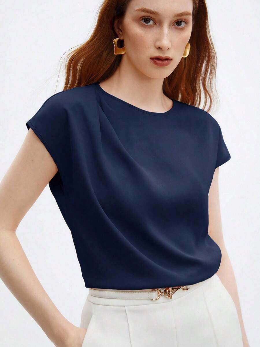 Blusa de satén de corte holgado con mangas acampanadas para mujer, elegante y versátil para ocasiones urbanas románticas, formales, de viaje, como invitada de boda, cumpleaños, casual de negocios, citas, aeropuerto, regreso a clases, uso en la ofi - Azul marino - Ver 1