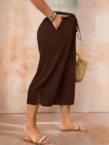 Pantalones casuales sueltos para mujer de talla grande, de unicolor, con cintura elástica y cordón - Marrón - Ver 4