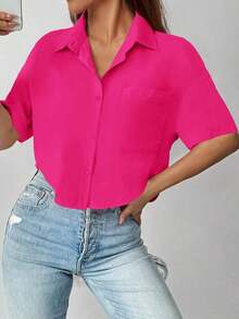 negra casual corta y sencilla de manga corta para uso diario para damas - Rosa Fucsia - Ver 6