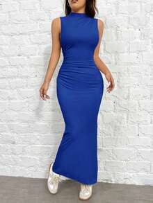 1 pieza Vestido de punto ajustado sin mangas color rojo rosa para mujer - azul real - Ver 3