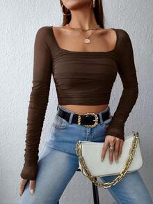 Privé Blusa De Cuello Cuadrado Con Mangas Fruncidas Y Parche De Remiendo Para Mujer - Marrón Chocolate - Ver 6