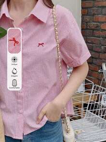 de manga corta con cuello de solapa bordada con lazo, para primavera y verano - Rosa - Ver 12