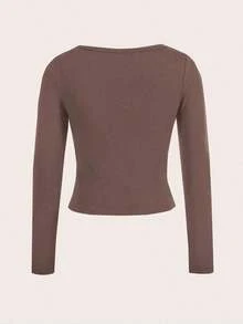Camiseta de manga larga de ajuste ceñido con cuello alto y mangas raglán, estilo minimalista casual para mujer, primavera/otoño - Marrón - Ver 3