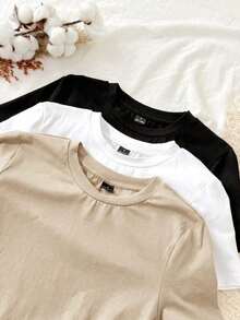 Conjunto de 3 piezas de camisetas de manga larga de ajuste ceñido con cuello redondo, estilo minimalista casual, 95% algodón, para mujer - Multicolor 18 - Ver 5