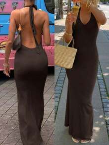Vestido largo minimalista y elegante de mujer  de unicolor, con cuello en V profundo, volantes en la espalda, de punto con gran elasticidad, estilo europeo y americano, sin mangas, adecuado para vacaciones, ocio y uso diario en verano, color negro - Marrón - Ver 10