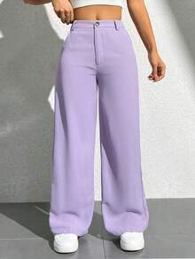 Pantalones holgados y casuales de pierna ancha con bolsillo, unicolor para mujeres - Morado - Ver 1