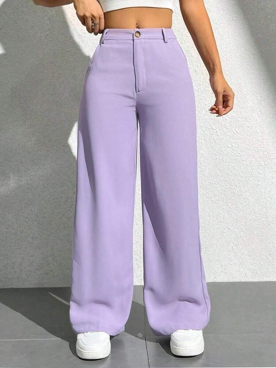 Pantalones holgados y casuales de pierna ancha con bolsillo, unicolor para mujeres - Morado - Ver 1
