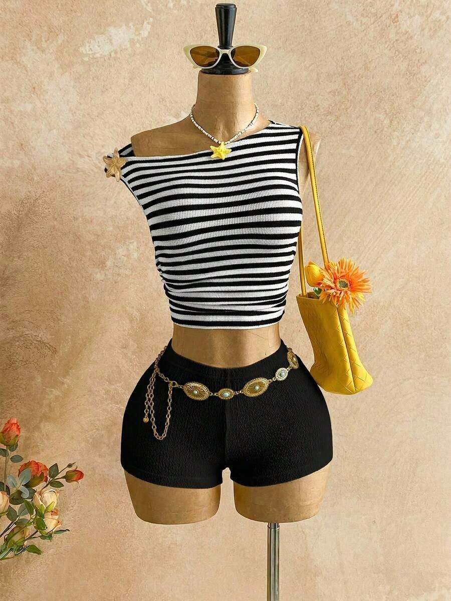 Nuevo conjunto informal de 2 piezas para mujer con hombro asimétrico, textura esponjosa, estampado floral y espalda descubierta, ideal para vacaciones, boda, graduación, Día de San Patricio, primavera, festival de música, elegante estilo boho tropical - Negro 2 - Ver 1