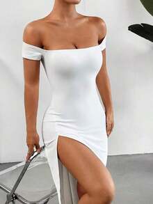 Vestido de verano de un solo hombro con abertura alta y unicolor minimalista para mujer - Blanco - Ver 6