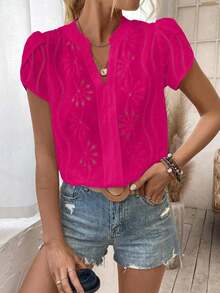 Camisa de mujer con escote en V con muesca, mangas abullonadas, blusa de manga corta - Rosa Fucsia - Ver 5