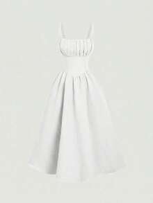 xheSHEIN MOD Vestido elegante de longitud media sin mangas con diseño de cintura plisada y unicolor para mujerxhe - Blanco - Ver 9