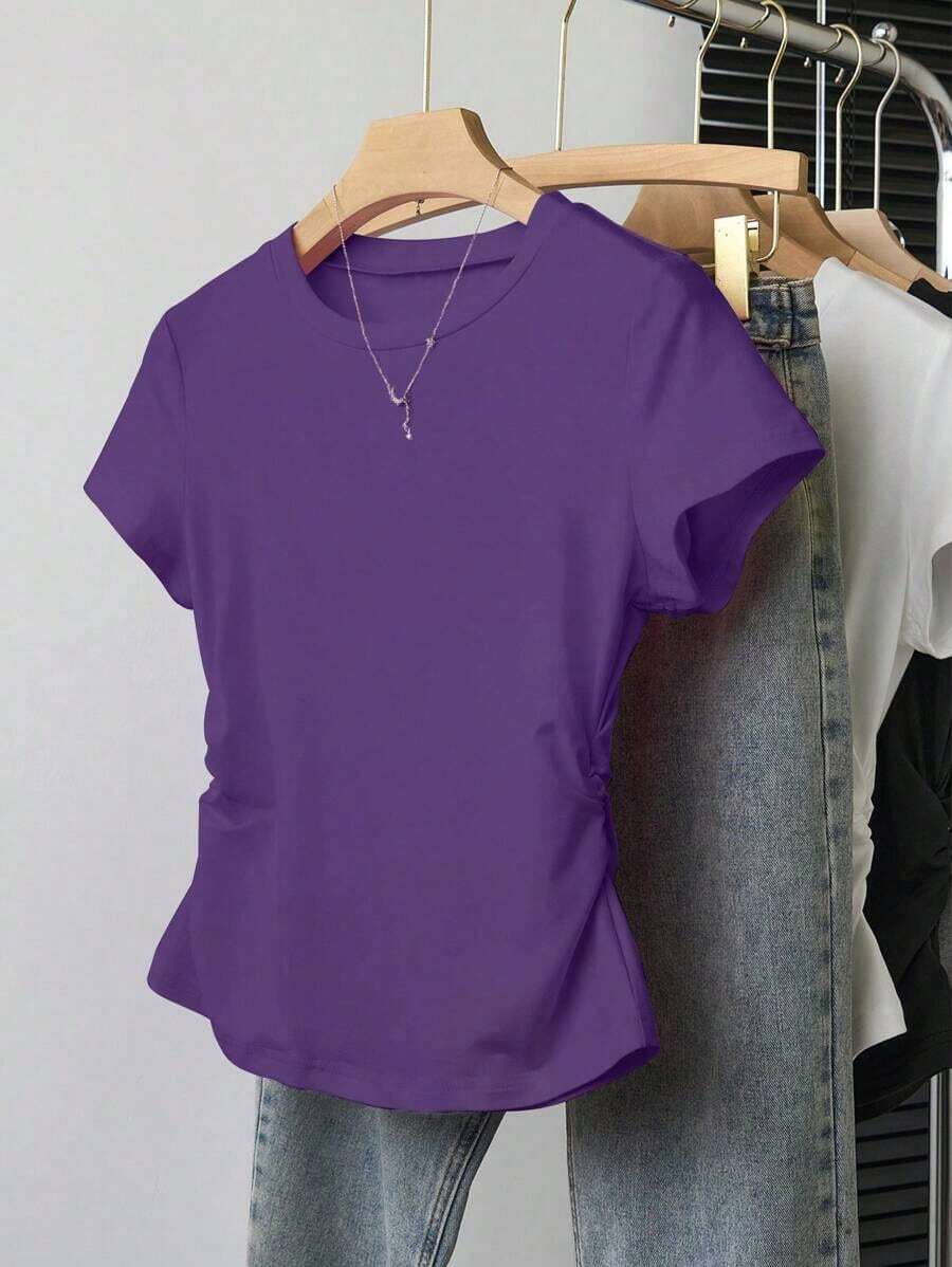 Camiseta de manga corta plisada de ajuste delgado y versátil para mujer, adecuada para el verano - Morado 3 - Ver 1