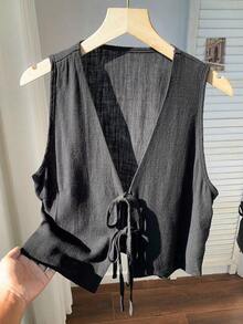 2026 Nuevo Top sin mangas con cuello en V, lazo delantero y bordado floral para mujer, ideal para vacaciones en la playa, uso casual, estilo Y2K de los 2000, primavera, graduación, fiesta de boda, vacaciones elegantes, San Valentín, carnaval, - Negro 2 - Ver 6