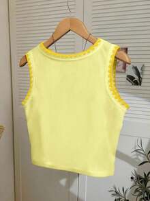 Camiseta de tirantes con cuello redondo, estampado de flores de cerezo y recorte de concha para mujer - Amarillo - Ver 2