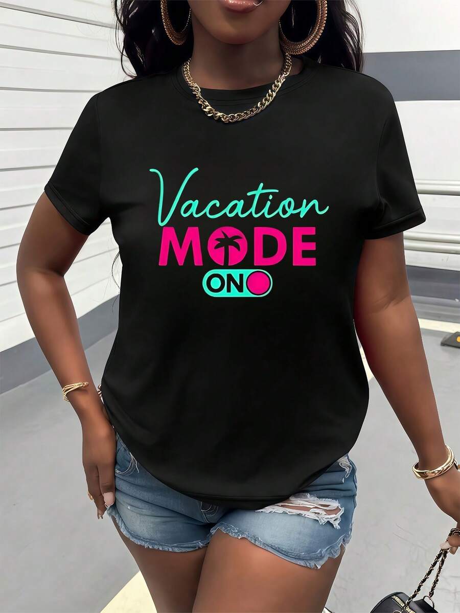 Vacation Mode Activated. Printed T-Shirt, Short Sleeves, Round Neck, Women's Clothing With A Unique Design. A Must-Have For Summer Beach Leisure, Perfect For Everyday Wear, Outings, Travel, Parties, And A Great Gift Option. - 黑色 - 查看 1