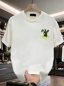 Men's 100% Heavyweight Cotton T-Shirt - Black With Neon Green Short Sleeves And Crew Neck, Casual Summer Wear For Outdoor Activities, Gym And Night Out, Breathable Fabric, Care Instructions (Hand Wash/Dry) - Green Print For Everyday Use - 黑色 - 查看 2
