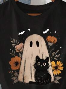 Playera mujer estilo casual Halloween creativo estampado de fantasma y gato negro flores poliéster ajuste holgado cuello redondo manga corta primavera verano fiestas camiseta 100% algodón, estilo Y2K Bababask - Negro - Ver 1