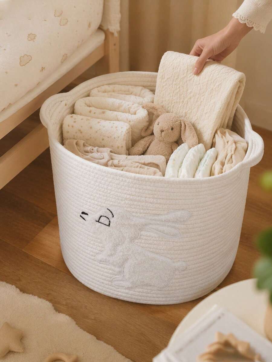 1 pieza Cesta de almacenamiento de vivero con asa de conejo blanco, cesta de almacenamiento multifuncional para ropa, botellas, pañales - Multicolor - Ver 1