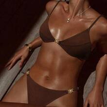 Nuevo bikini de color sólido, de corte bajo, con espalda descubierta y diseño de dos piezas. - marrón - Ver 2