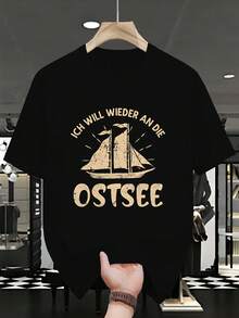 T-shirt froissé grande taille pour hommes Baltic Ostsee | Style décontracté, col rond, manches longues, tissu légèrement extensible, motif imprimé, convient pour toutes les saisons. - Noir - Voir 1