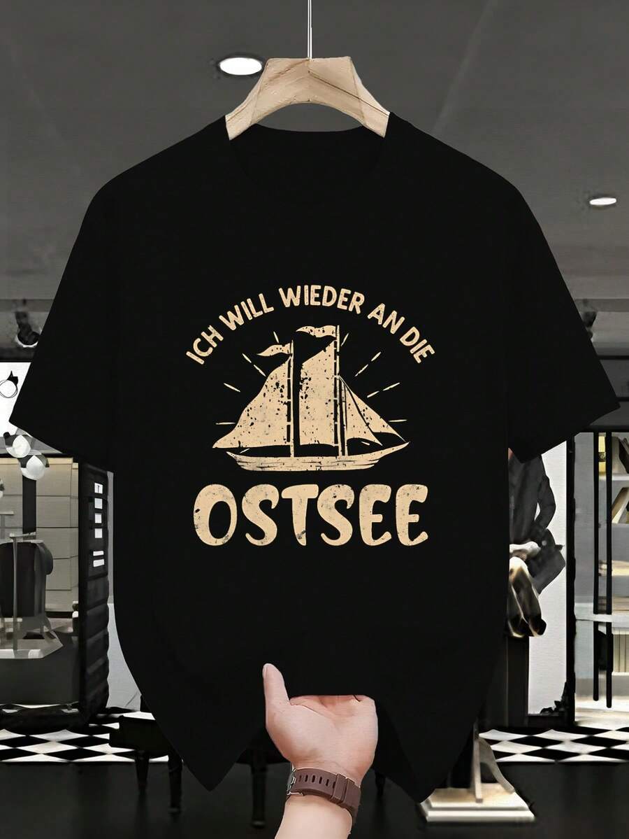 T-shirt froissé grande taille pour hommes Baltic Ostsee | Style décontracté, col rond, manches longues, tissu légèrement extensible, motif imprimé, convient pour toutes les saisons. - Noir - Voir 1