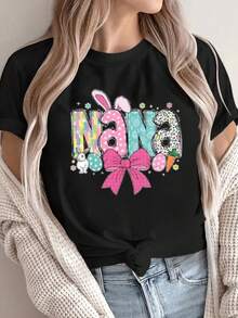 Camiseta de Fiesta de Pascua, Nueva Camiseta Holgada de Verano para Mujer, Lazo, Conejo, Estampado de Huevo de Pascua, Camiseta de Pascua, Manga Corta - Negro - Ver 1