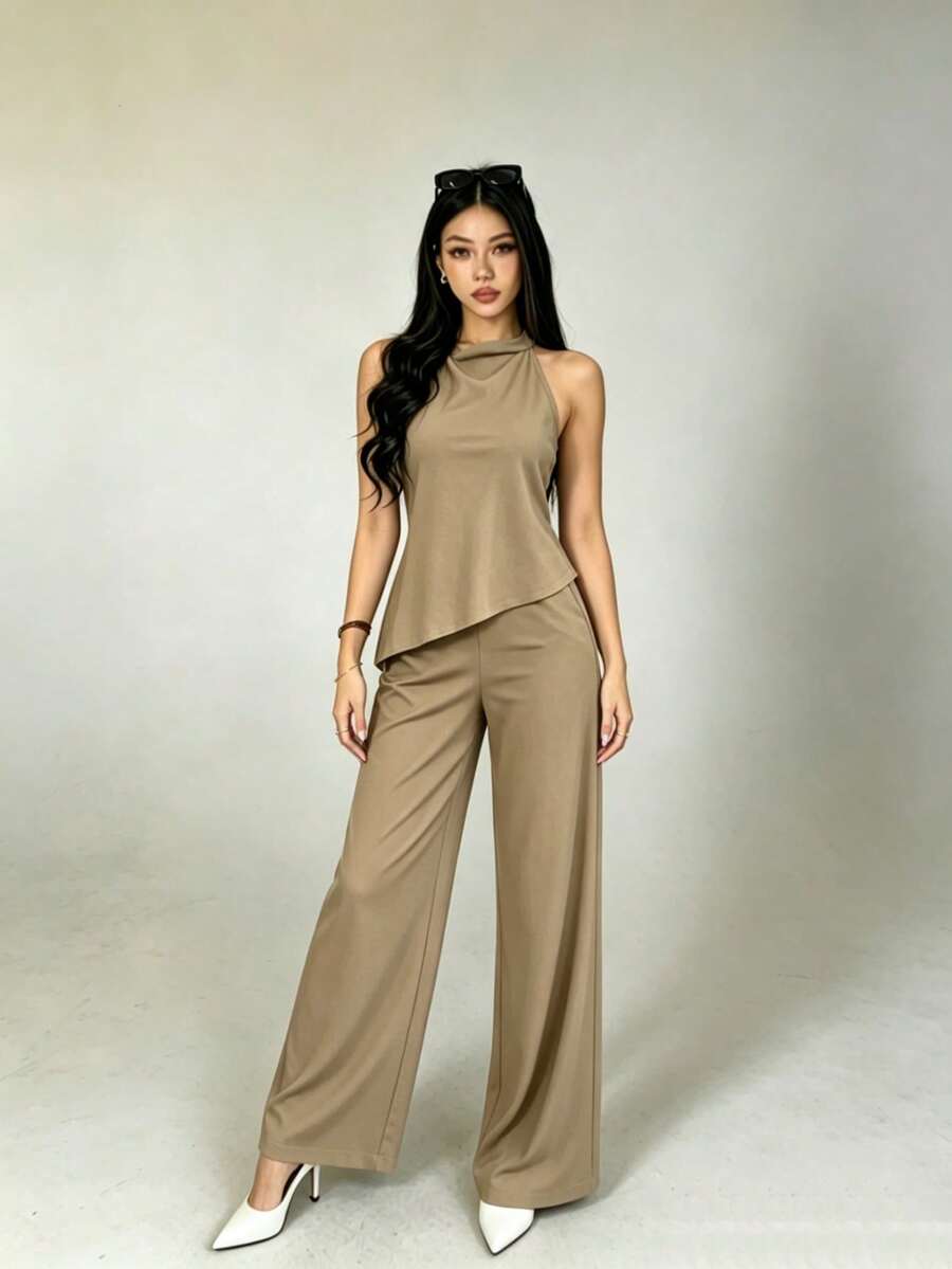 Conjunto de top halter y pantalones de color café claro, estilo sencillo para ir al trabajo - Caqui - Ver 1
