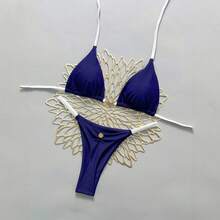 Nuevo bikini sexy, traje de baño de dos piezas para mujer con cuello halter y color sólido. - Blanco - Ver 5