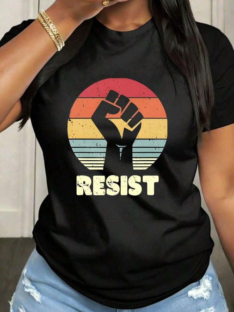 Camiseta Resist Protest de talla grande para mujer, informal, de manga corta y cuello redondo, con tela de elasticidad media, adecuada para atuendos casuales de primavera, verano y otoño, lavable a máquina, diseño divertido. - Negro - Ver 1