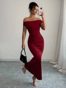 Women's Fitted Party Dress With Off-The-Shoulder Design And Elegant Metallic Details - 灰色 - 查看 5