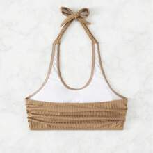 Top de bikini sin tirantes de color sólido con cuello halter y lazos, traje de baño de playa sin espalda. - marrón - Ver 3