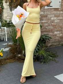 GAOVOT Conjunto de 2 piezas elegante de mujer para vacaciones de verano, con camiseta de tirantes amarilla y falda de sirena de cintura alta - amarillo claro - Ver 6