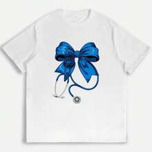 Camiseta con Estampado de Estetoscopio y Lazo Azul para Enfermeras, Camisetas Médicas para Mujer, Lindas, Modernas, Casuales, para Uso Diario, Suaves y Cómodas, Camisetas de Verano, Regalos para Trabajadores de la Salud, Camisetas con Estampados - Blanco - Ver 4