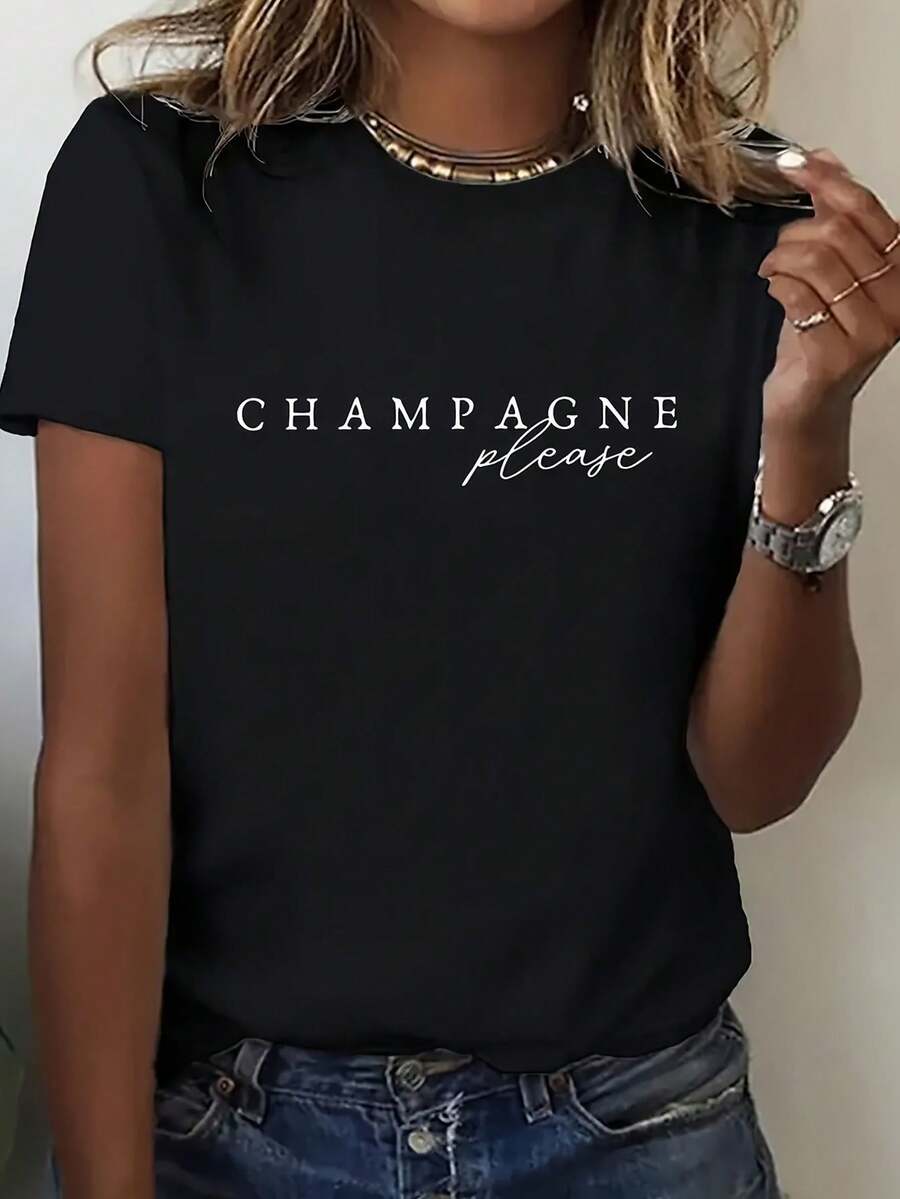 The Short-Sleeved T-Shirt, Printed With "CHAMPAGNE Please," Exudes French Elegance And Bourgeois Flair. Paired With Jeans And Flats, It Can Create A Chic, French-Inspired Look. - 黑色 - 查看 1