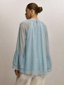 Blusa suelta de moda con mangas acampanadas y cuello raglan de unicolor para mujer - Celeste - Ver 2