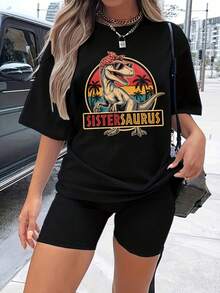 1 Unisex 180g T-Shirt, Round Neck, Loose Fit, With Retro Print Of Dinosaurs And Sunset Palm Trees, Y2K Style Inspired By And, 100% Cotton, Versatile For Summer, Festivals And Streetwear. - 黑色6 - 查看 6