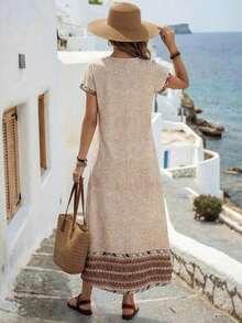 YHHEMERY ROSE Vestido largo de mujer estilo bohemio con estampado, cuello redondo, manga corta tipo murciélago, bajo acampanado, informal y multicolorYHH - Verde - Ver 7