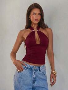 Camiseta sin espalda con cuello halter y decoración de hebilla de metal hueca sexy para mujer - Burdeos - Ver 4