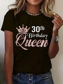 Camiseta de manga corta para mujer, camiseta de la Reina de los 30 años - con estampado rosa y número 30, corte holgado informal, cuello redondo, ideal para fiesta de 30 años, regalo de celebración de 30 años, verano. - Negro - Ver 1