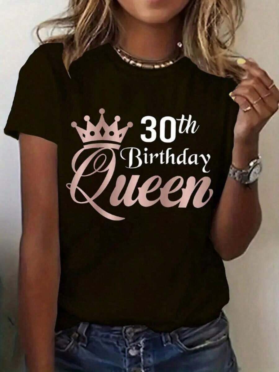 Camiseta de manga corta para mujer, camiseta de la Reina de los 30 años - con estampado rosa y número 30, corte holgado informal, cuello redondo, ideal para fiesta de 30 años, regalo de celebración de 30 años, verano. - Negro - Ver 1