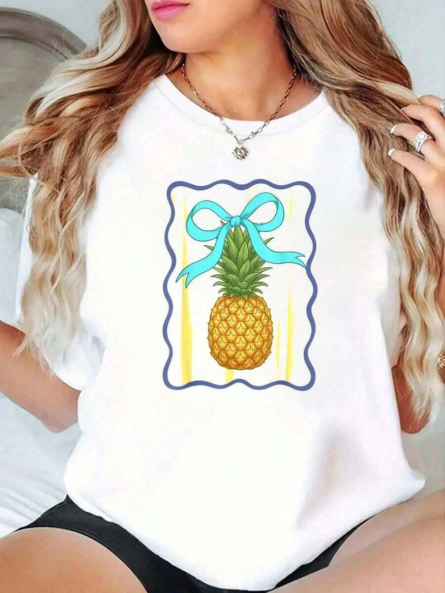 Camiseta Casual 100% Algodón con Estampado de Piña y Lazo Azul, Camiseta con Arte de Fruta Tropical para Mujer, Camiseta Gráfica de Algodón de Manga Corta, Top Casual de Verano, Camisetas para Mujer 100% Algodón, Duradera - Blanco - Ver 1