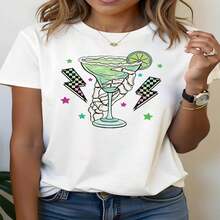 1 pieza, camiseta de manga corta de algodón puro clásica y versátil, adecuada para usar en cualquier estación, con el tema de la mujer esqueleto Margarita, estilo moderno - Blanco - Ver 2