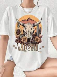 Camiseta Wild Bull Skull Desert Sunset para Mujer, Estilo Boho Western con Diseño de Cactus y Girasol, Ropa Casual de Verano, Estilo Vintage Urbano, Unisex, de Algodón, Manga Corta, Cuello Redondo, Corte Holgado. - Blanco - Ver 7
