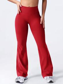 Yefecy Pantalon de yoga évasé pour femmes, legging de fitness sans couture, élastique, levant les fesses, sans plis - Rouge - Voir 3