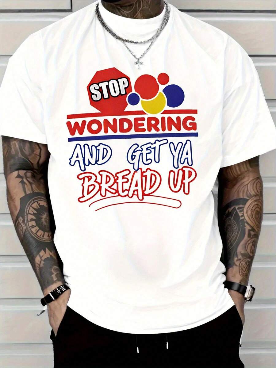 Camiseta casual para hombre, estampada con el eslogan "Stop Wondering Get Ya Bread Up" y un colorido estampado de lunares/puntos redondos - corte holgado en forma de H, cuello redondo, adecuada para todas las estaciones, texto negro sobre fondo blanco con puntos coloridos, ideal para uso casual, gaming, streetwear (lavable a máquina). - Blanco - Ver 1