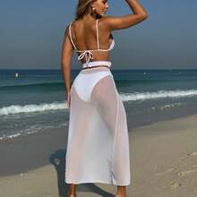 Nuevo bikini de tres piezas de encaje de color sólido, sexy, con falda larga de malla. - Blanco - Ver 4