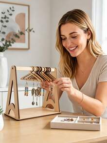 1pc Wooden Earring Storage Rack, Mini Hook Design Jewelry Organizer, For Storing Earrings And Necklaces, Cute Desktop Display Stand, Women's Room Decor And Gift, Hanging Jewelry Storage Rack - Multicolor - View 2